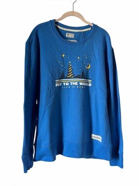 Life Is Good Blue 'Joy to the World' Sweatshirt Christmas Holiday 100% Cotton
